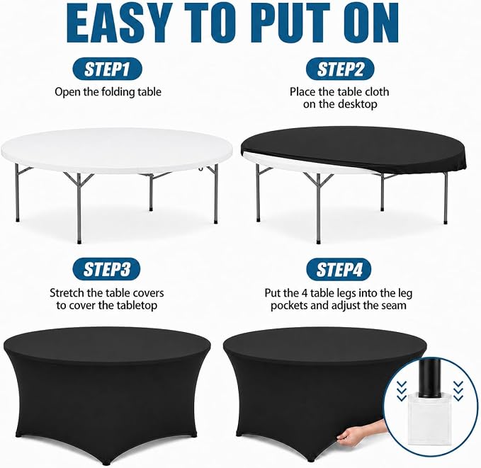 Round Table Covers - 6 Pack 72x30 Inch Table Cloth - Black Fitted Stretch Spandex Round Tablecloth for Party, Exhibition, Wedding, Event, Banquet