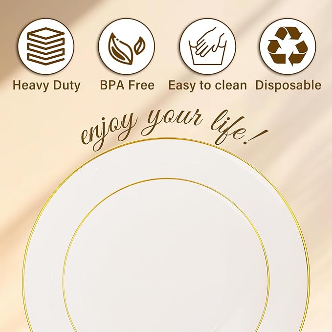 Nervure 100Pcs Ivory and Gold Plastic Plates - 10.25inch Disposable Ivory Dinner Plates - Heavy Duty Plastic Plate Ideal for Wedding & Party (Pack of 2)