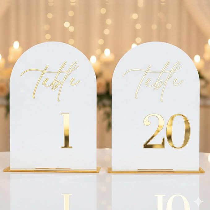 Wedding Table Numbers 1-20 with Stands,5x7 inch Arch Acrylic Table Numbers Signs with Gold Foil Embossed for Wedding Reception, Anniversary, Birthday,Party and Events Decor