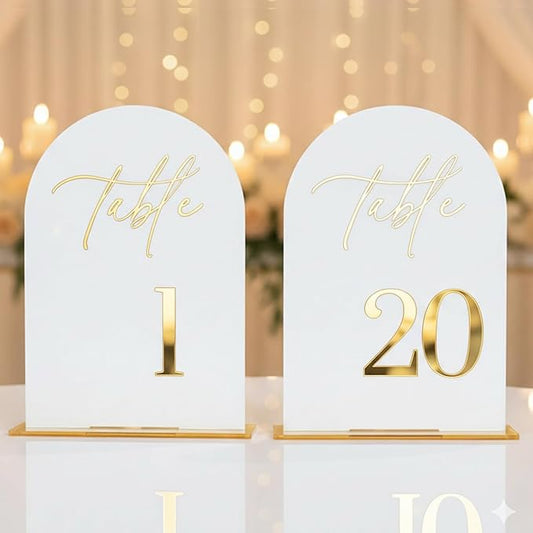 Wedding Table Numbers 1-20 with Stands,5x7 inch Arch Acrylic Table Numbers Signs with Gold Foil Embossed for Wedding Reception, Anniversary, Birthday,Party and Events Decor