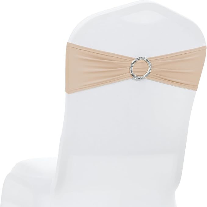 MDS Pack of 25 Spandex Chair Sashes Bow Premium Stretch Chair Cover Band with Buckle Slider Universal fits Elastic Stretch Chair Ties for Wedding Party Banquet Events Decoration - Champagne Gold