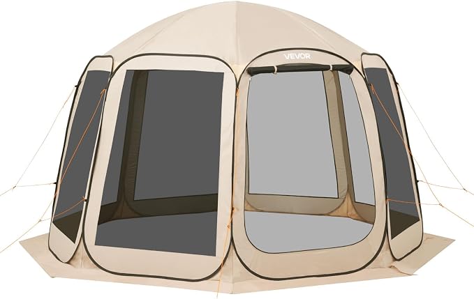 VEVOR Pop up Screen House Tent, 12 x 11 ft, 10-12 Person Screen Gazebo, Portable Screened in Canopy with Carry Bag, Netting Sides, Ground Stakes, for Garden, Patio, Backyard, Outdoor Activities, Beige