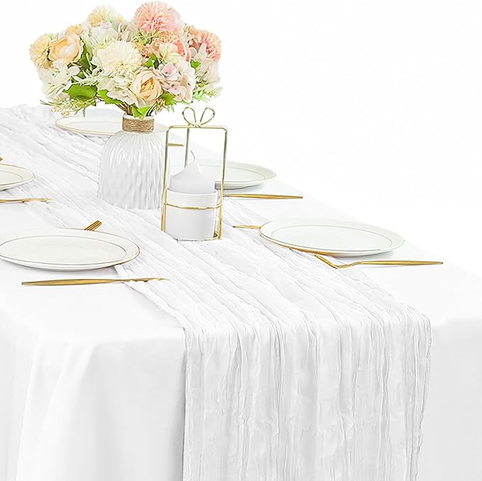 White Cheesecloth Table Runner 10FT Runner for Tables Gauze Fabric Boho Cheese Cloth Table Runner Decoration Rustic Semi Sheer Runner for Wedding Birthday Holiday Bridal Shower Party (White)