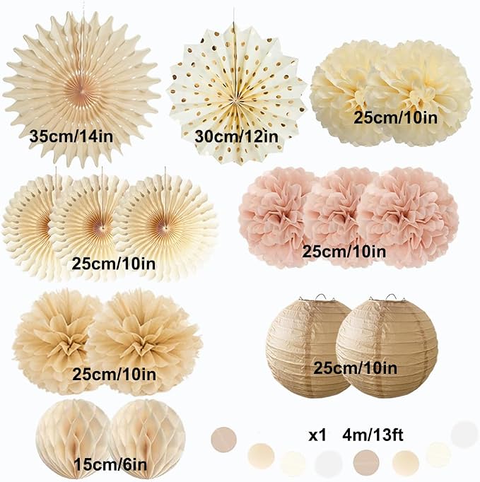 Dusty Pink Boho Party Decorations Pink and Beige Birthday Baby Shower Decorations Paper Fans Paper Pom Poms Lanterns for Women Girl Rustic Bachelorette Wedding Decor