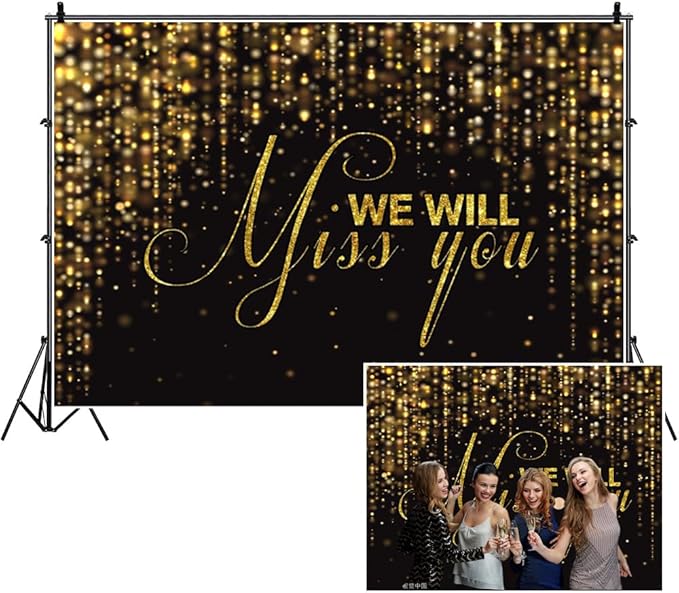 We Will Miss You Backdrop Banner 8x8ft Black Gold Going Away Party Photo Backdrop Background Men Women Goodbye Office Work Congrats Retirement Farewell Anniversary Graduation Party Decors