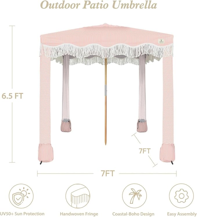 AMMSUN Beach Cabana with Fringe, 7' x 7' Boho Beach Canopy with Tassels, Easy Set up & Premium Wood Pole, Cabana Tent with Sand Pockets, Instant Sun Shade for Sand, Garden, Patio, Pink Stripes