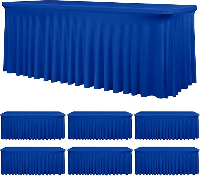 fani 6 Packs Royal Blue Stretch Table Skirts for 6 Foot Rectangle Table, Washable Spandex Stretch Tablecloths with Skirt, Wrinkle Resistant Fitted Tablecover for Wedding Party Banquet