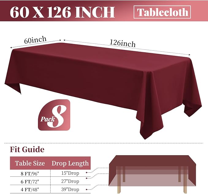 fani 8 Packs Burgundy Rectangle Tablecloth - 60 x 126 Inch, Premium Polyester Table Cloth for 6 Foot Rectangle Tables, Washable Fabric Table Covers for Wedding, Party, Banquet, Dining