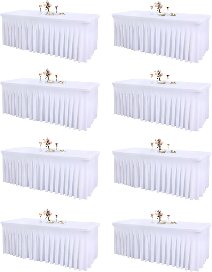 Shillance 8 Packs White Spandex Table Covers 8 Foot, Fitted Stretch Table Cloth with Skirts 96x30 Inch, Wrinkle-Free Floor Length Rectangle Tablecloths for Weddings Parties Banquets Events