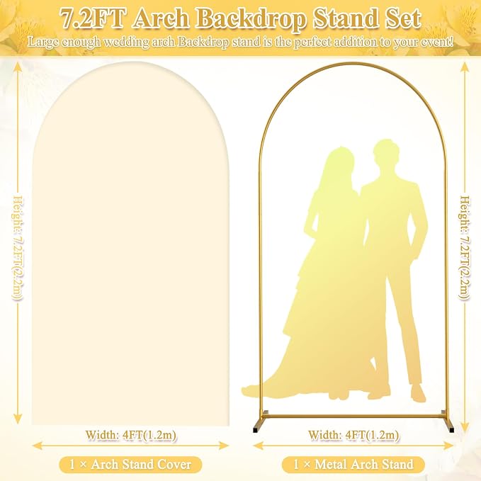 Jupwalz Arch Backdrop Stand and Cover Set, Metal Arch Stand with Rich Balloon Tool for Wedding Birthday Baby Shower Graduation Event Balloon Flowers Decor, Easy to Assemble (7.2FT, Beige)