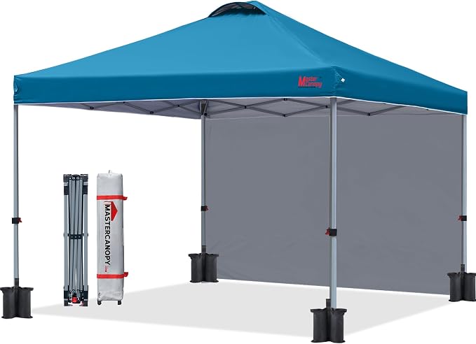 MASTERCANOPY 10x10 Pop Up Canopy Tent with 1 Sidewall, 1 Person Setup Instant Shelter, Outdoor Portable Beach Canopy, 1 Roller Bag, 4 Sandbags, 4 Ropes, 8 Stakes (10x10, Cyan Blue)