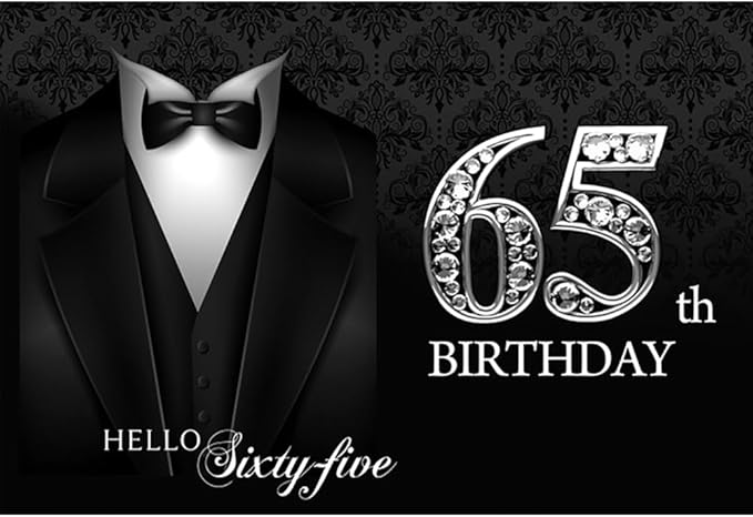 7x5ft Happy 65th Birthday Backdrop Gentleman Black Tuxedo Suit Necktie Hello Sixty Five Photography Background for Men Father Grandpa Birthday Party Decorations Cake Table Banner Vinyl