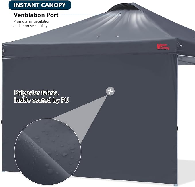 MASTERCANOPY 8x8 Pop Up Canopy Tent with 1 Sidewall, 1 Person Setup Instant Shelter, Outdoor Portable Beach Canopy, 1 Roller Bag, 4 Sandbags, 4 Ropes, 8 Stakes (8x8, Dark Grey)