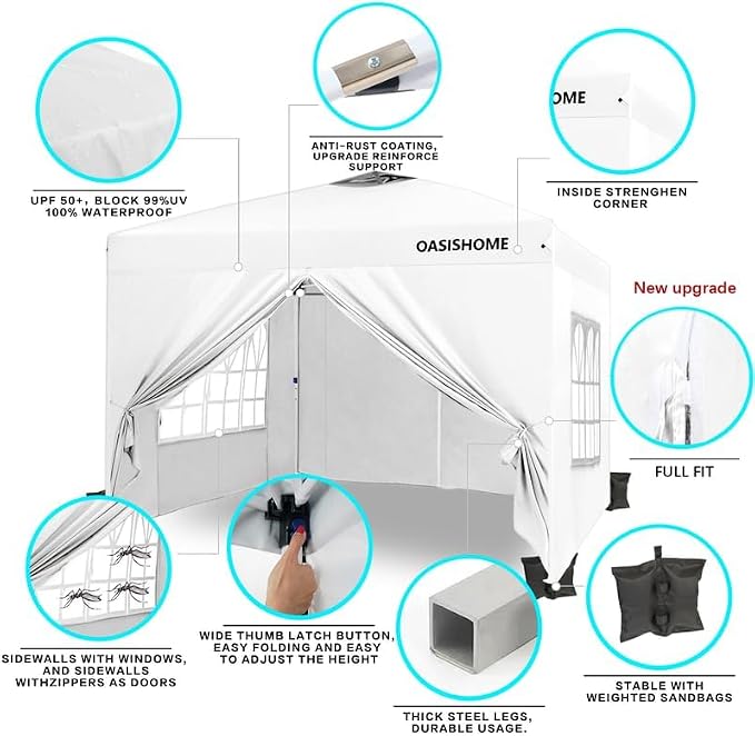 OASISHOME Pop-up Gazebo Instant Portable Canopy Tent 10'x10', with 4 Sidewalls, Windows, Wheeled Bag, for Patio/Outdoor/Wedding Parties and Events (10FTx10FT, White)