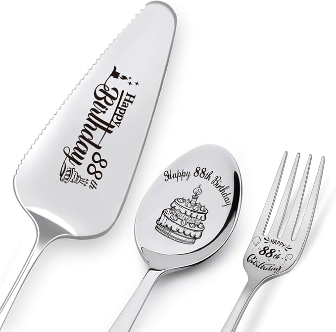 Happy 88th Birthday Personalized Laser-Engraved Stainless Steel Birthday Party Utensil Set - Cake Server, Spoon, and Fork for Mother Father Husband Wife Grandmother Grandfather