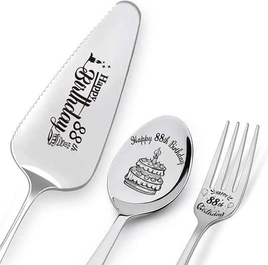 Happy 88th Birthday Personalized Laser-Engraved Stainless Steel Birthday Party Utensil Set - Cake Server, Spoon, and Fork for Mother Father Husband Wife Grandmother Grandfather