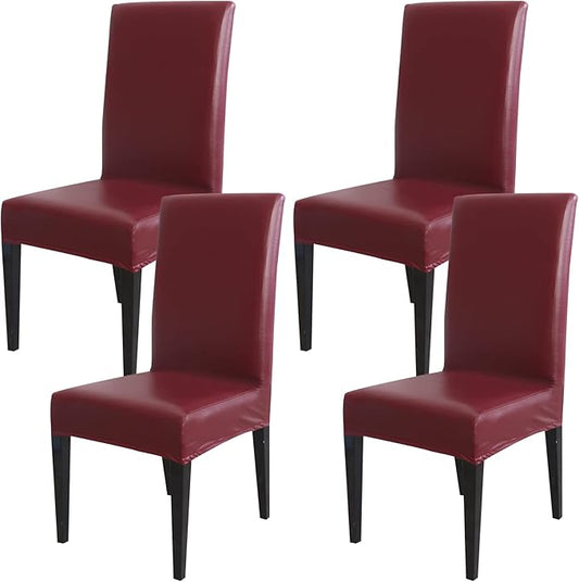Qubjus Dining Chair Covers, Solid Pu Leather Waterproof Oilproof Stretch Dining Chair Protector Cover Slipcover (Wine Red, 4 Pack)