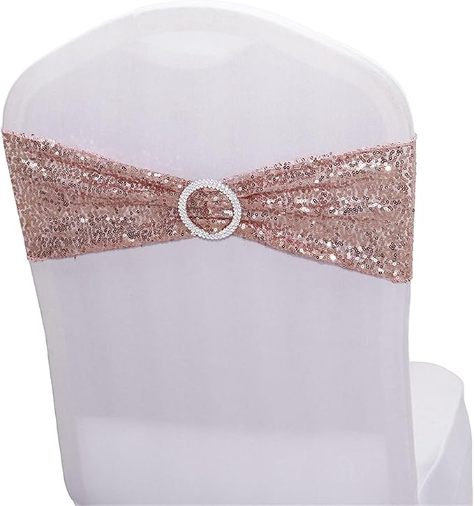 Dimatic 10 PCS Stretch Sequin Chair Sashes Chair Stretchy Spandex Bands for Wedding Reception Events Banquets Chairs Decoration (Rose Gold)