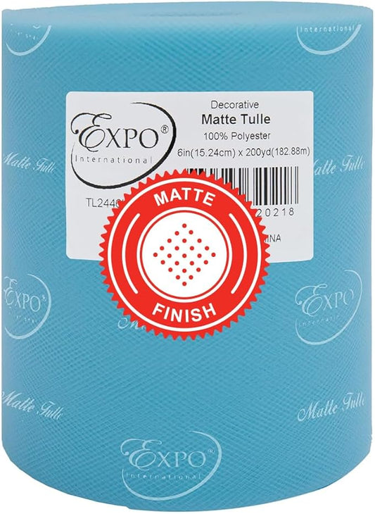 Expo International Decorative Matte Tulle, Roll/Spool of 6” X 200 Yards, Lightweight Polyester Tulle Fabric for Tutus, Costumes, and Party Decorations, Washable, Easy-to-Use, Light Blue