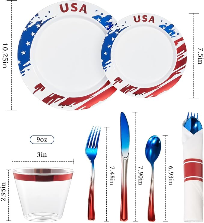 Goodluck 350 Piece 4th of July Red Blue Plastic Dinnerware Set for 50 Guests, Disposable Plates for Independence Day Supplies, Include: 100 Plates, 50 Pre Rolled Napkins with Silverware, 50 Cups
