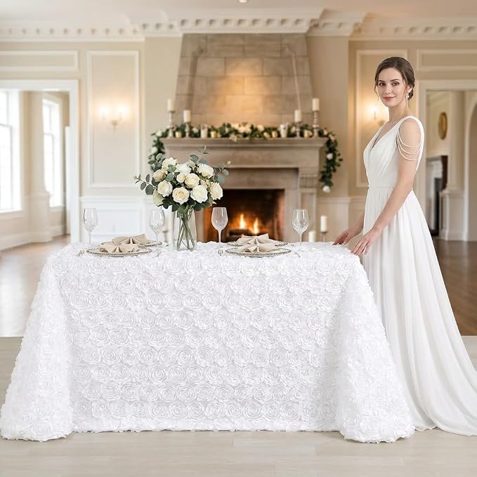 Fanqisi White 3D Floral Satin Raised Rosettes Tablecloth Rectangular 90x132 Inches Rosette Tablecloth for Wedding Baby Shower Table Bridal Shower Meeting Events Decoration
