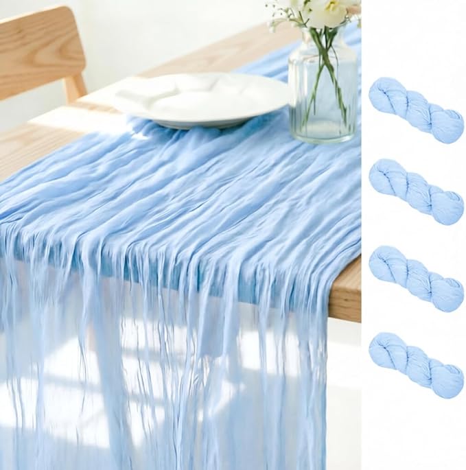 LINXTAR Light Blue Cheesecloth Table Runner 4 Pack 120 Inches 10Ft Gauze Summer Boho Table Runner for Wedding Tea Party Baby Shower Bridal Birthday Home Decoration