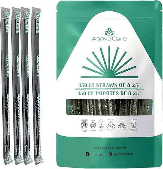 150 Pack 8.25" Biodegradable Wrapped Straws Made W/Agave Fibers - A Natural Environmentally Friendly Option Compostable, Healthier, Safer & Reusable Eco-friendly Drinking Straws - Black