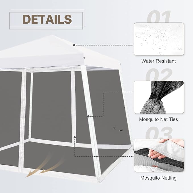 COOS BAY 10x10 Pop Up Canopy Tent with Screen Netting, Slant Leg Canopy with UPF 50+ UV Protection, 64 Sq Ft Shade, One Person Setup with Carry Bag, White