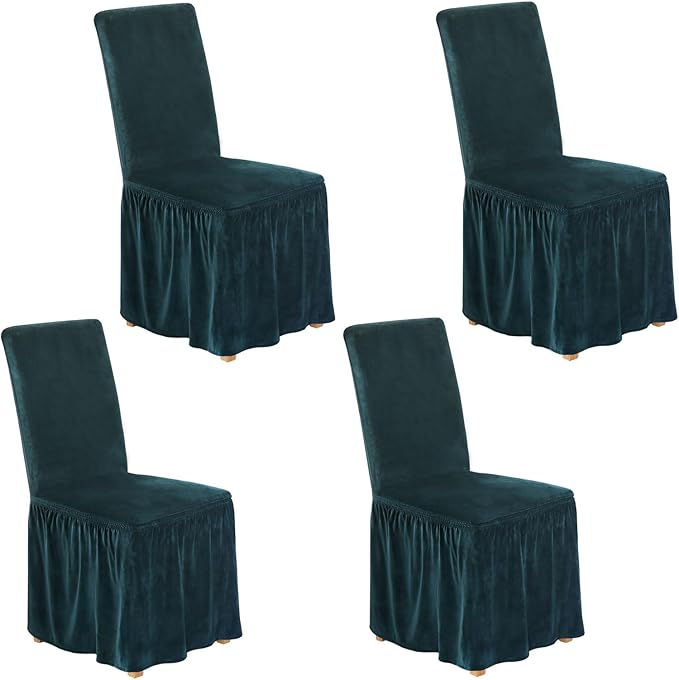 NICEEC Spandex Chair Covers for Dining Chairs Covers Set of 4 Removable Dining Room Chair Covers with Skirt Parson Chair Slipcovers Washable Chair Protector for Kitchen Wedding Banquet(Dark Teal)