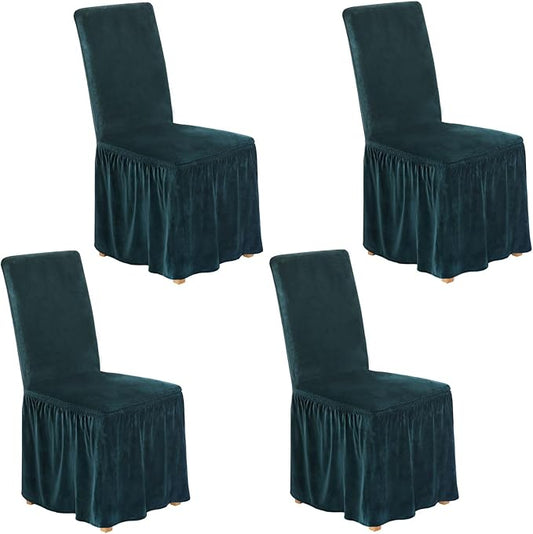 NICEEC Spandex Chair Covers for Dining Chairs Covers Set of 4 Removable Dining Room Chair Covers with Skirt Parson Chair Slipcovers Washable Chair Protector for Kitchen Wedding Banquet(Dark Teal)