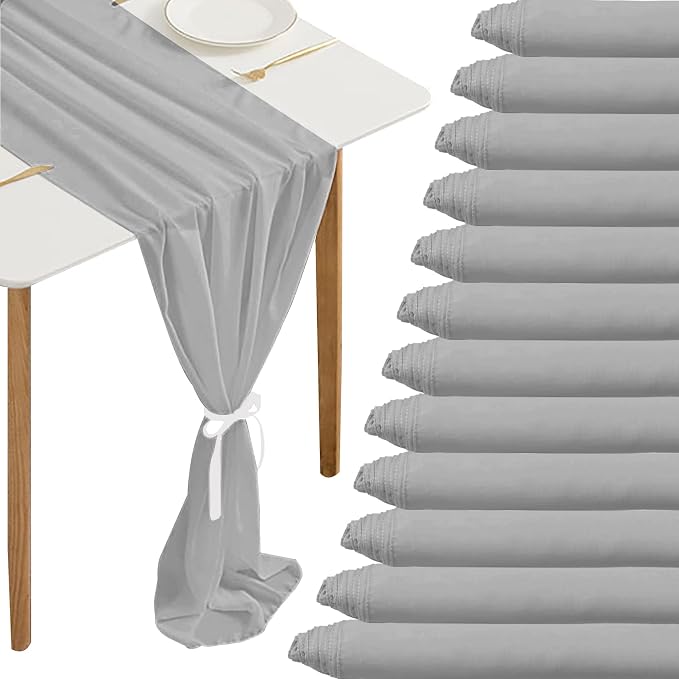 Fivenl 12 Pack Chiffon Table Runner - 27 x 120 Inches Sheer, Romantic for Wedding, Birthday, Party & Shower Decoration (Gray)