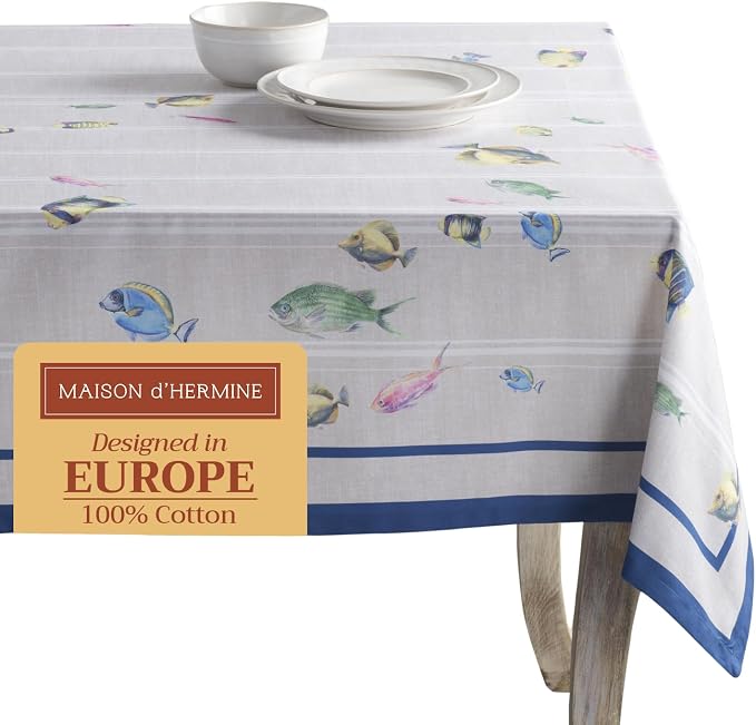 Maison d' Hermine Table Cloth Rectangle Table 100% Cotton 60 x 108 Inches Tablecloth Reusable Decorative for Dining Kitchen Room Farmhouse Party Home Hotel Restaurant Spring Summer - Poisson