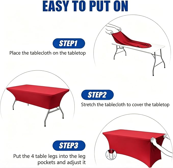 Red Spandex Tablecloth 6 Pack, 8FT Fitted Stretch Table Cloth with Reinforced Foot Pockets for 96 x 30 x 30 Inch Rectangle Tables, Washable Table Covers for Trade Shows, Weddings, Parties