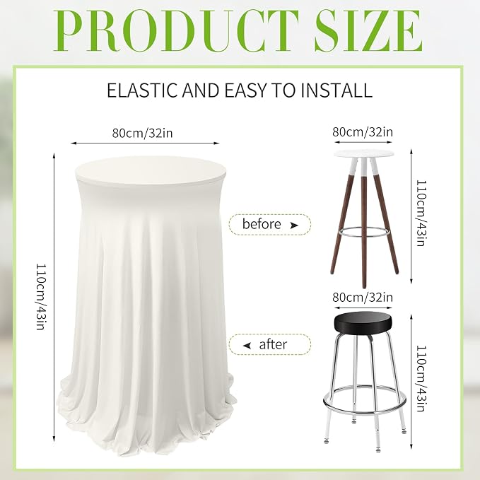 Tegeme 4 Packs Round Spandex Cocktail Tablecloths with Skirt 32 x 43 Inch Cocktail Round Table Cover Spandex Stretch Square Tablecloth Skirt for Table Bar Wedding Party Banquet(Ivory)