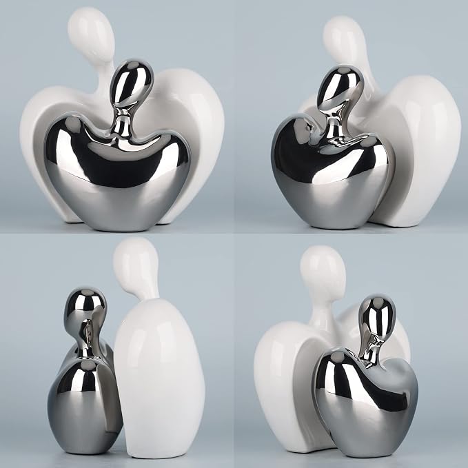 DOVDOV Silver and White Ceramic Couple Statue, Modern Home Decor Love Statue, Romantic Abstract Couple Art Sculpture, Living Room Office Bookshelf Bedroom Decorations