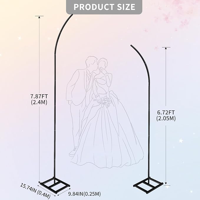 Metal Wedding Arch Stand,Set of 2 Gold Curved Top Arch Backdrop Stand Wedding Arches for Ceremony Birthday Anniversary Baby Shower Floral Stand Background Decoration (Black,7.8FT & 6.7FT)