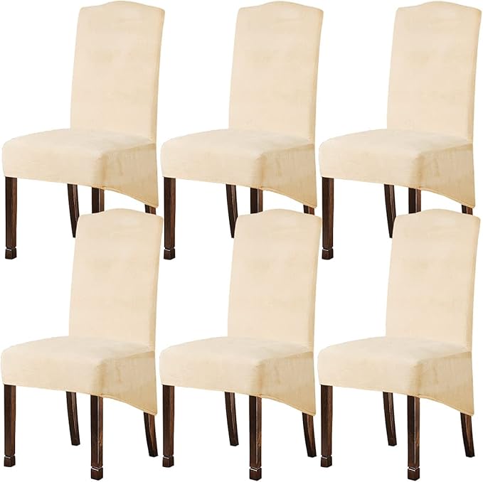 Velvet Plush XL Dining Chair Covers, Stretch Chaircover, Spandex High Chairs Protector Covers Seat Slipcover with Elastic Band for Dining Chairs (Cream, Set of 6)