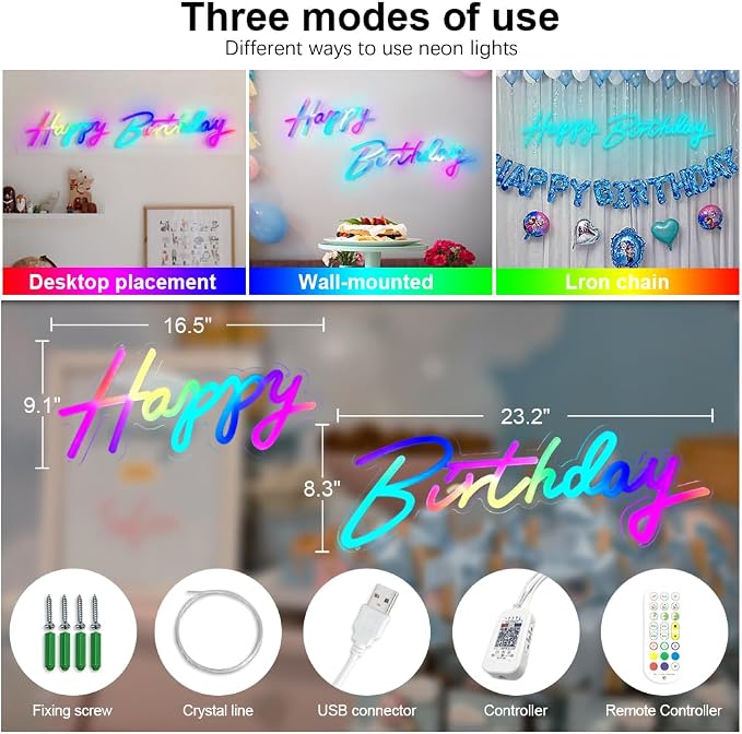 Extra Large Neon Happy Birthday Sign - Multi Color Happy Birthday Sign, Happy Birthday Light Up Sign for Backdrop with Switch/APP/Remote Control - Happy Birthday LED Sign for Backdrop, Party, Decoration