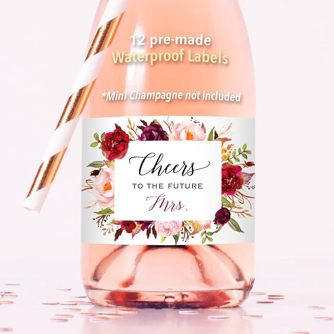 Cheers to the Future Mrs. - 12 Mini Champagne Bottle Labels, Waterproof Mini Wine Bottle Labels for Bridal Shower Bachelorette Party (Burgundy Floral, 12 Mini Bottle Labels)