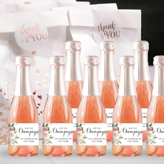 POP The Champagne I’m Changing My Last Name Labels ● Set of 12 ● Bachelorette Party Bridal Shower Bride Squad Mini Champagne Bottle Labels Wine Label Alternative to Cards Shirts (Blush Floral)