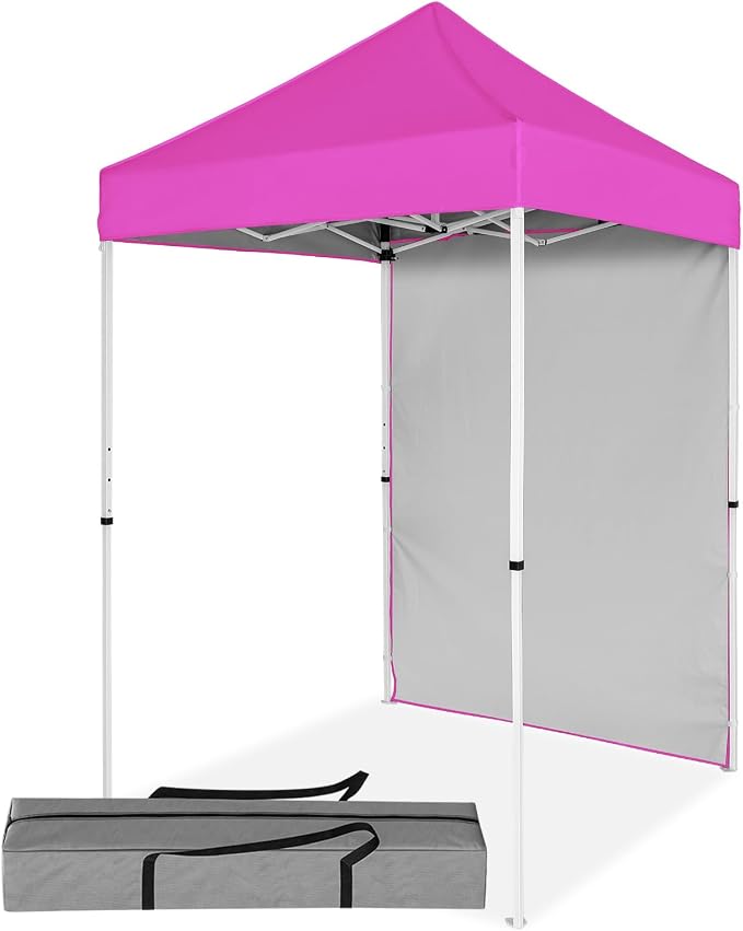 5x5 Pop Up Canopy Tent with One Sidewall, Instant Portable Beach Canopy, Outdoor Tent with Carry Bag for Camping, Sports, Tailgating, Events, Pink