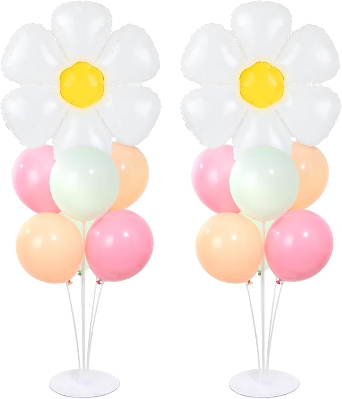 Daisy Party Balloons Stand Kit 2 Sets with 2 White Daisy Flower Foil Balloons Fresh Flower 1st Party Balloon Centerpieces for Tables for Spring Theme Mothers Day Daisies Themed Birthday Decorations