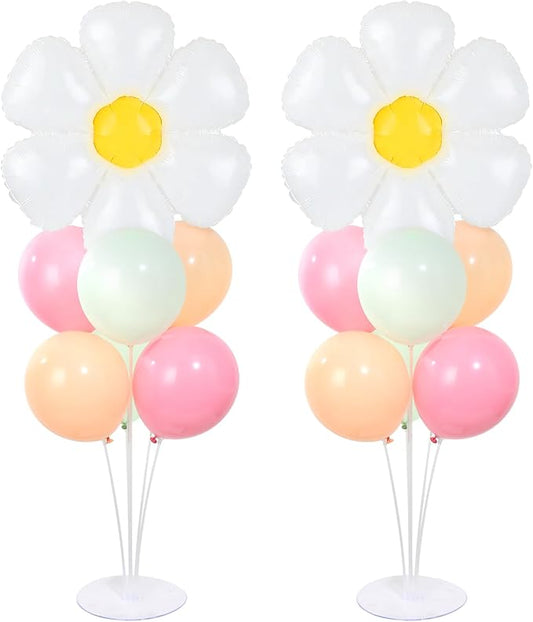 Daisy Party Balloons Stand Kit 2 Sets with 2 White Daisy Flower Foil Balloons Fresh Flower 1st Party Balloon Centerpieces for Tables for Spring Theme Mothers Day Daisies Themed Birthday Decorations
