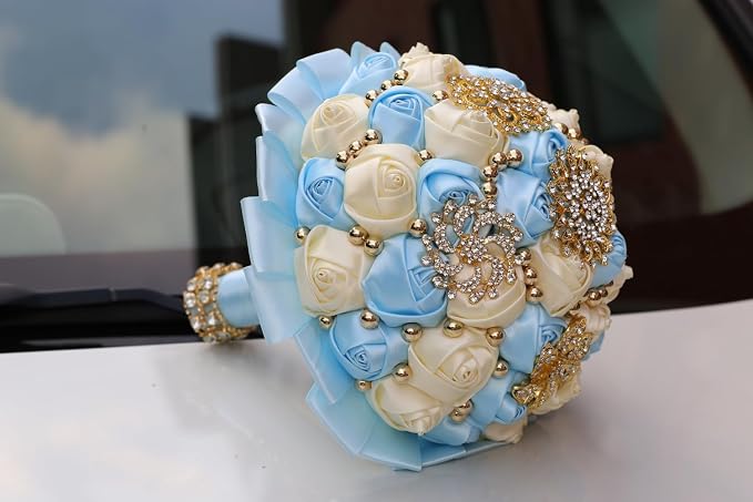 Light Blue Gold Brooch Wedding Bridal Bouquet for Bride Bridesmaid Quinceanera with Bling Rhinestone Pearl Satin Rose Flower Bouquet Wedding Light Blue and Ivory 8.3in