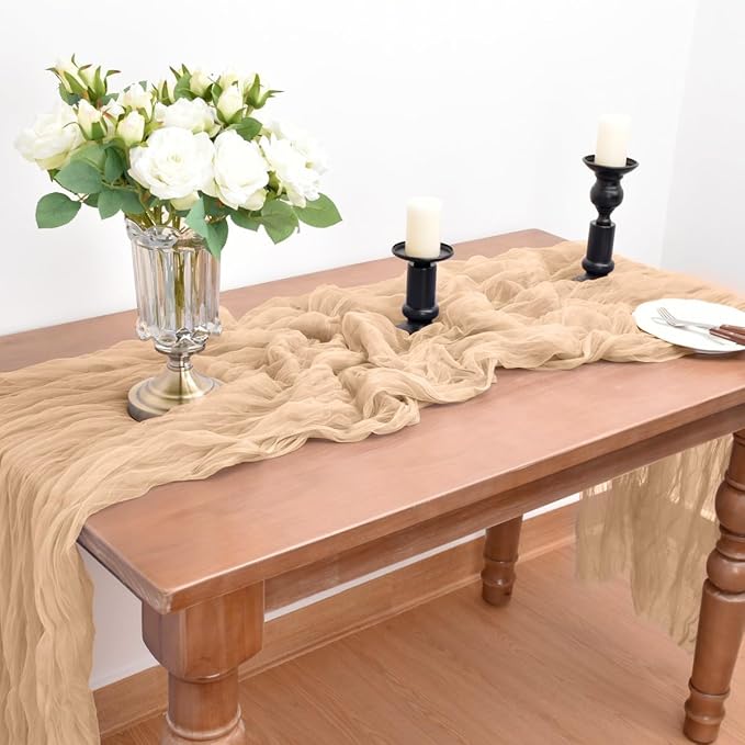 Joanlody Champagne Cheesecloth Table Runner Spring Summer 10Ft Rustic Gauze Boho Cheese Cloth Table Runner for Wedding Bridal Baby Shower Decoration