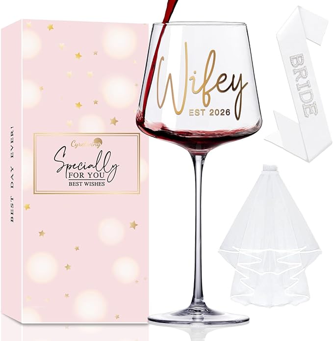 Cute Wedding Engagement Day Gifts Idea for Bridal Shower Est 2026,Wifey Wine Glass Bride to Be Sash Veil for Bachelorette Party Decorations,Future Mrs Decorations Set for Women and Girls