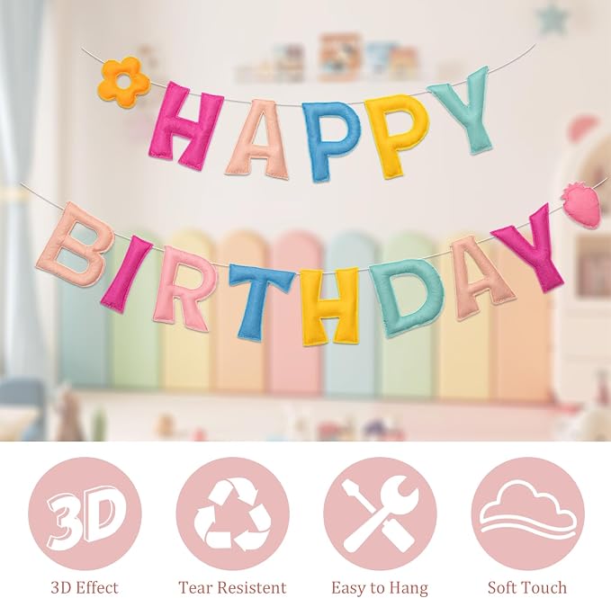 Pastel Pre-Strung 3D Happy Birthday Banner with Strawberry and Flower, Reusable Happy Felt Garland, Rainbow Party Decorations, Personalized Birthday Sign for Girls Womens