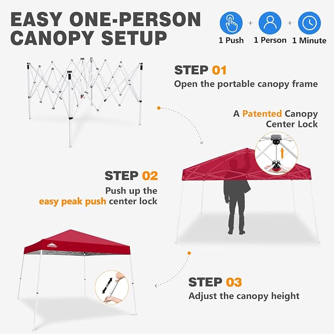 EAGLE PEAK 10x10 Slant Leg Pop-up Canopy Tent Easy One Person Setup Instant Outdoor Beach Canopy Folding Portable Sports Shelter 10x10 Base 8x8 Top (Red)