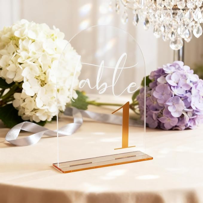 Arch Wedding Numbers 1–15 with Stands – Clear Acrylic Signs with Gold Text, Double-Sided 7x5 inch for Wedding Receptions, Parties, Anniversaries, Events
