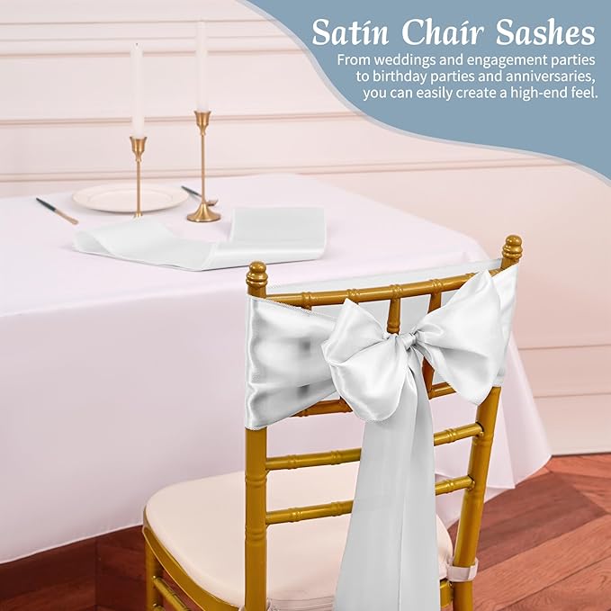 60 PCS Silver Satin Chair Sashes, Ties Bows Designed Sashes for Washable Reusable Chair Covers Supplies for Wedding Reception Events Banquets Party Hotel Event Aisle Decorations (7 x 108 inch)